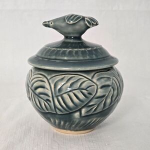 Chicken Bird Lid Leaf Green Blue Signed Vicki Hardin Studio Art Pottery Jar